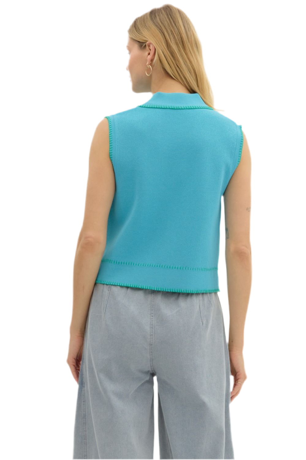 Whip Stitch Hem Polo Tank- Blue