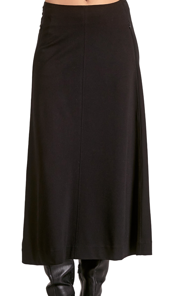 Front view of black midi skirt – classic high-waist skirt with front seam detail and side zipper closure.