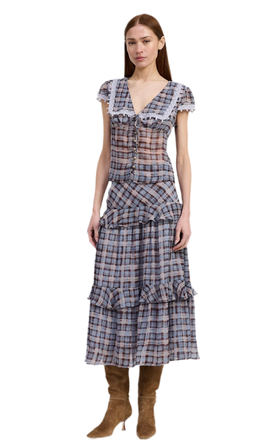 Model wearing Briar Midi Skirt midi length in dusty blue / brown