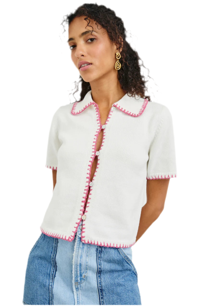 Maliah Button Down Top- White/Pink