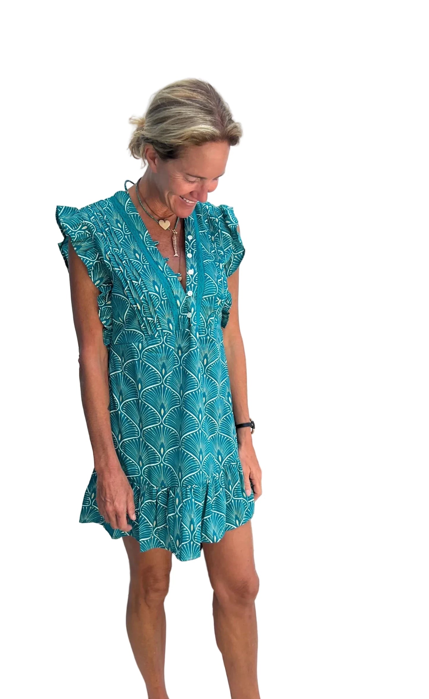 Riley Flutter Sleeve Mini Dress- Teal