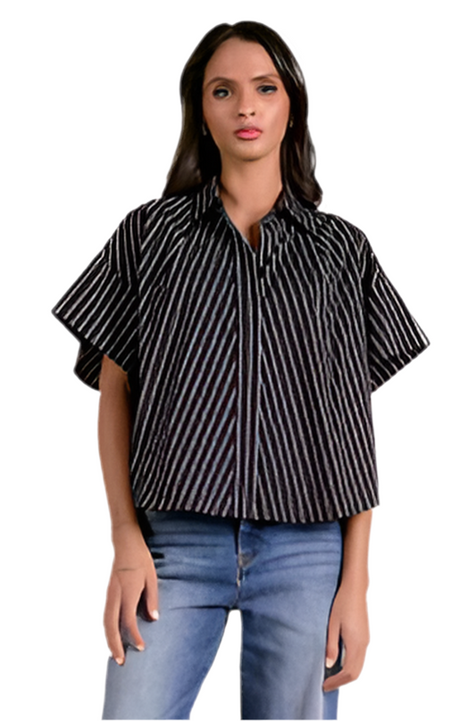 Short Sleeve Striped Button Down- Black