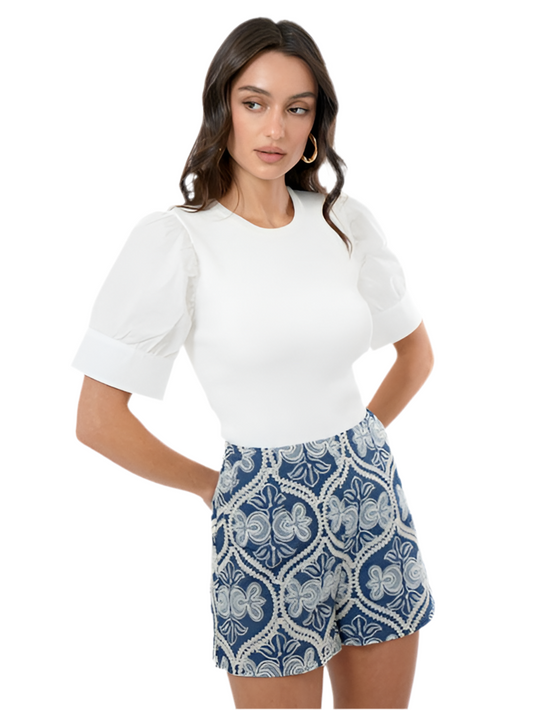 Charlie Knit & Poplin Top- Off White