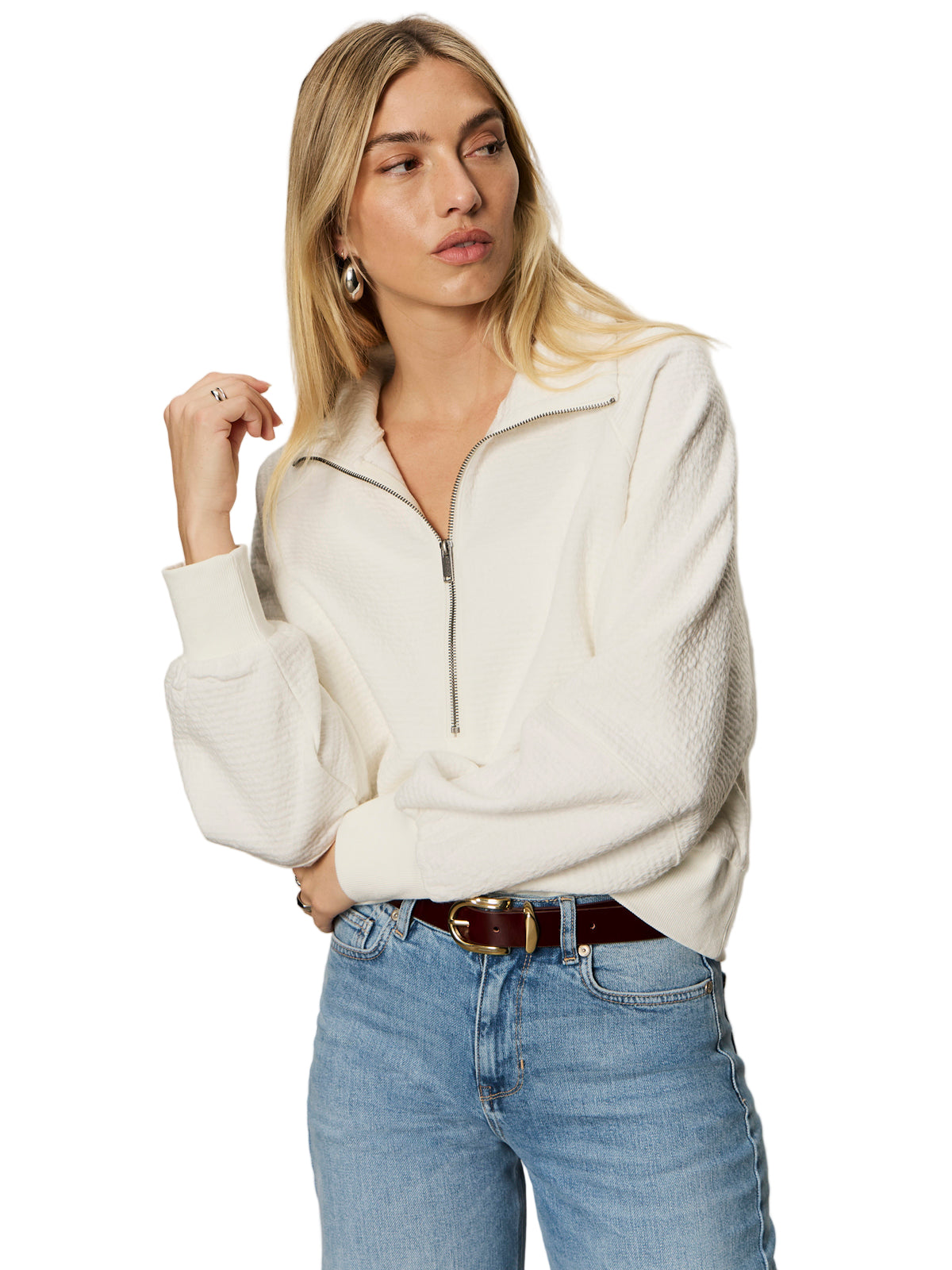 Textured Zip Pullover- Chalk