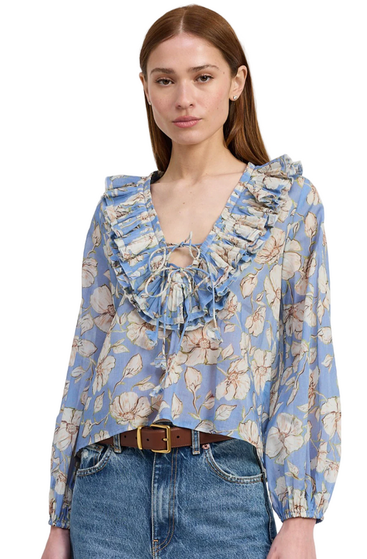 Close-up detail: ruffle neckline and tie front of Maryam Top