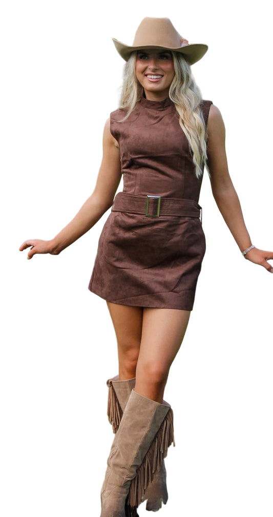 Sleeveless Belted Mini Dress- Espresso