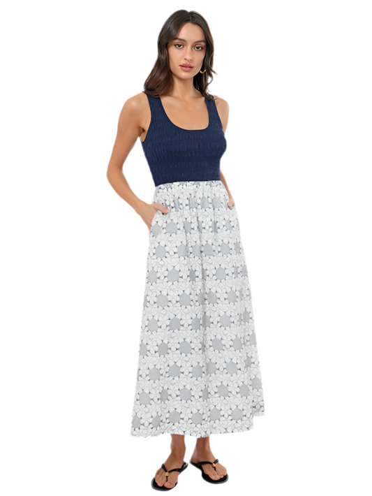 Faye Smocked Embroidered Midi Dress- White/Navy