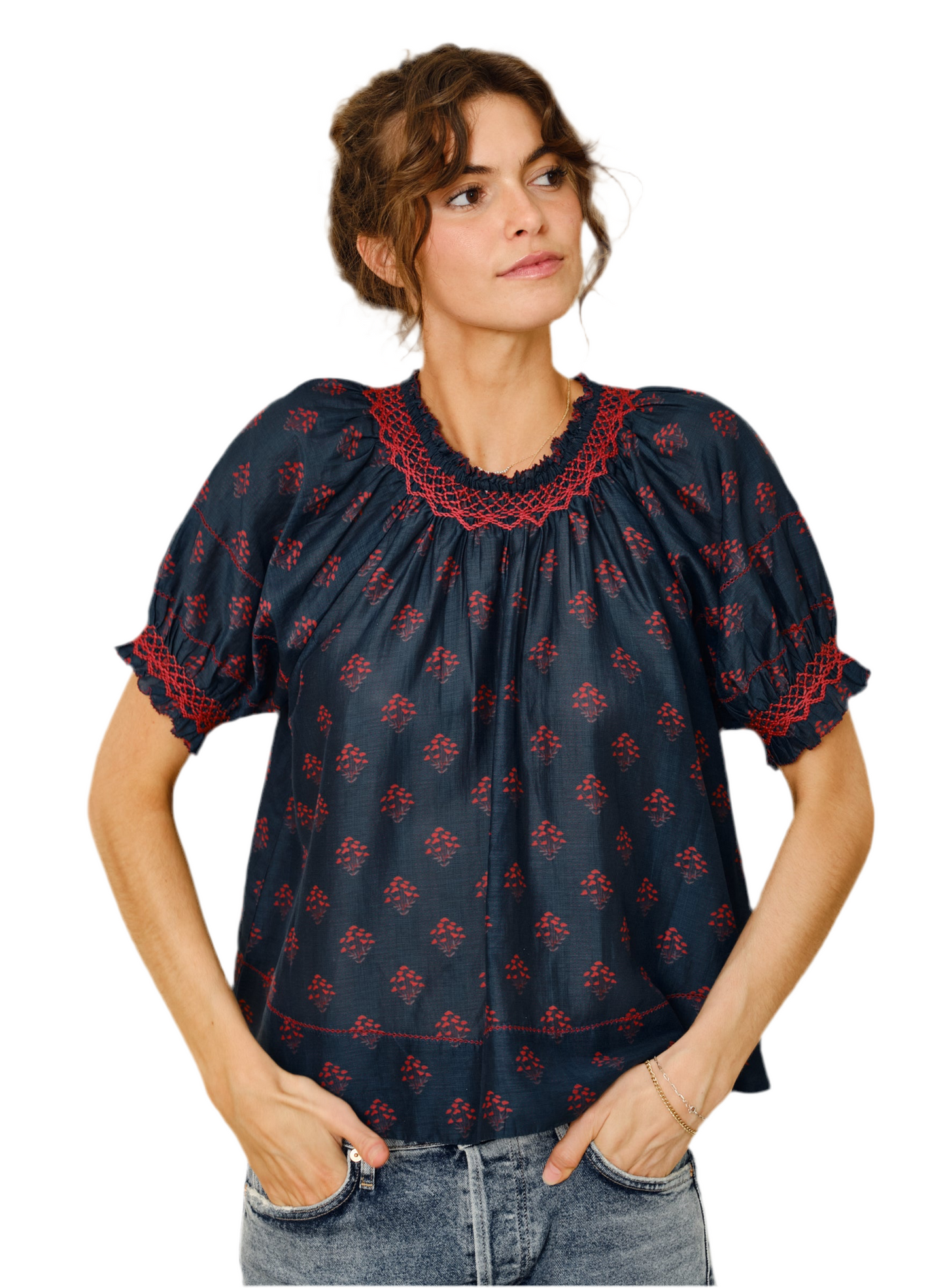 Lindi Smocked Sleeve Top- Indigo