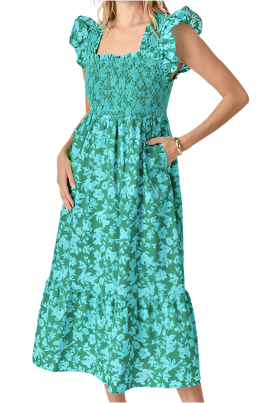 Sleeveless Smocked Midi Dress- Green