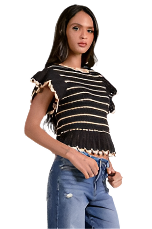 Ruffle Sleeve Striped Knit Top- Black Natural