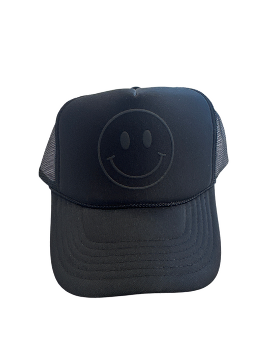 Happy Face Trucker Hat- Black