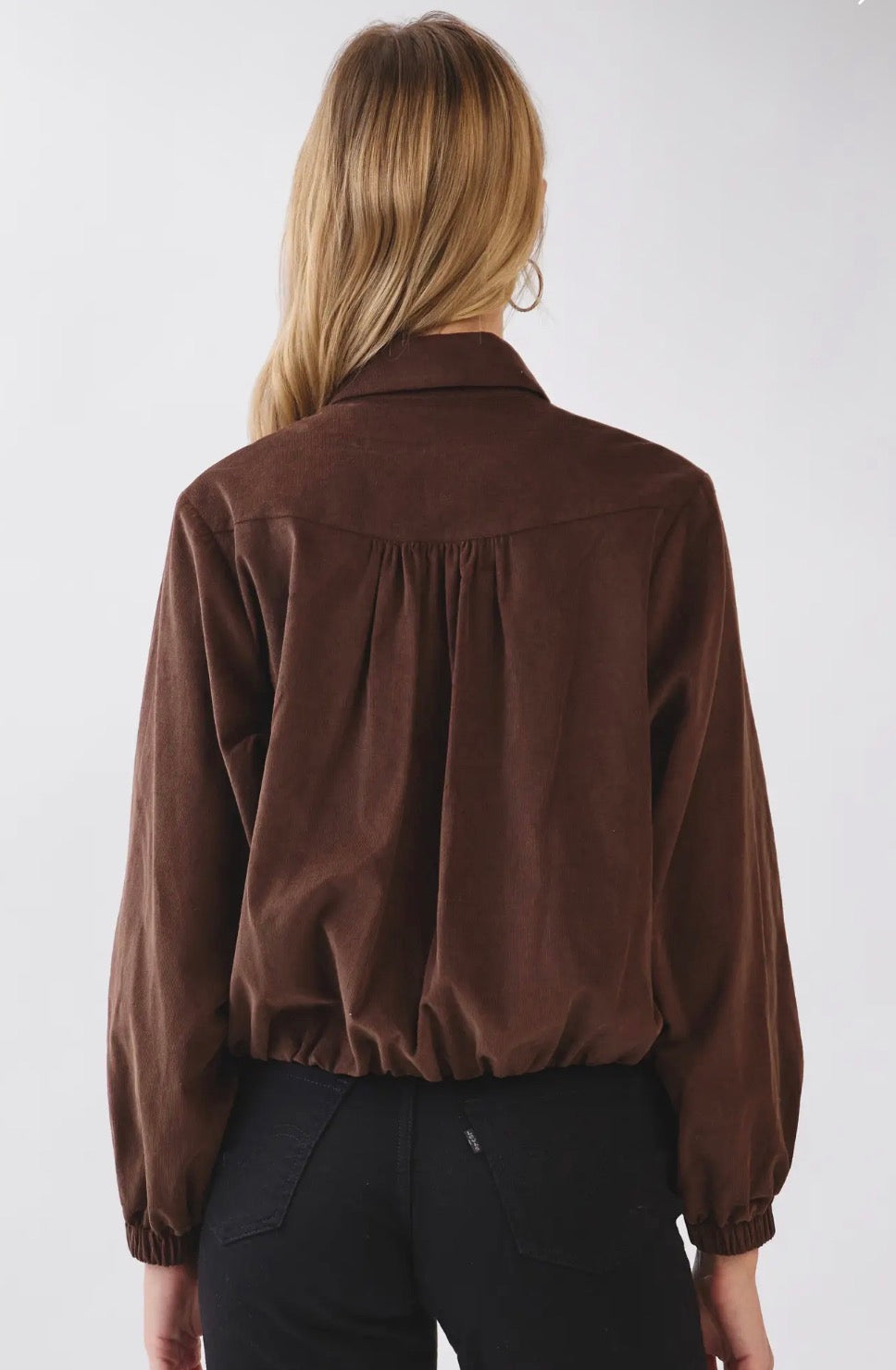 Corduroy Zip-Up Collar Jacket- Espresso