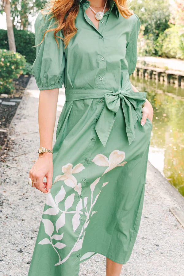 Leila Collared Button Down Midi Dress- Green Tea