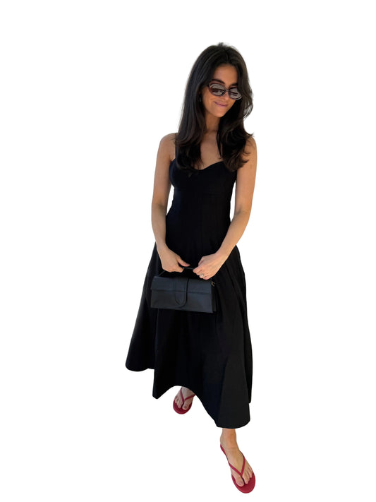 Sateen Pleated Midi Dress- Black