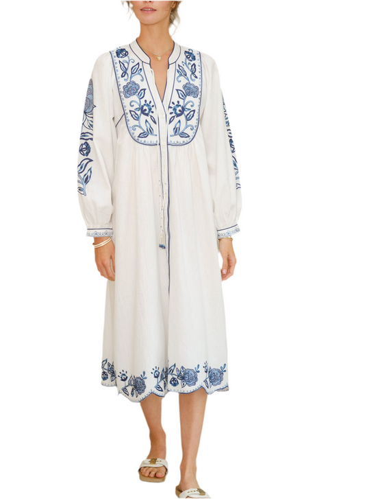 Lucia Embroidered Tunic- Ecru/Blue