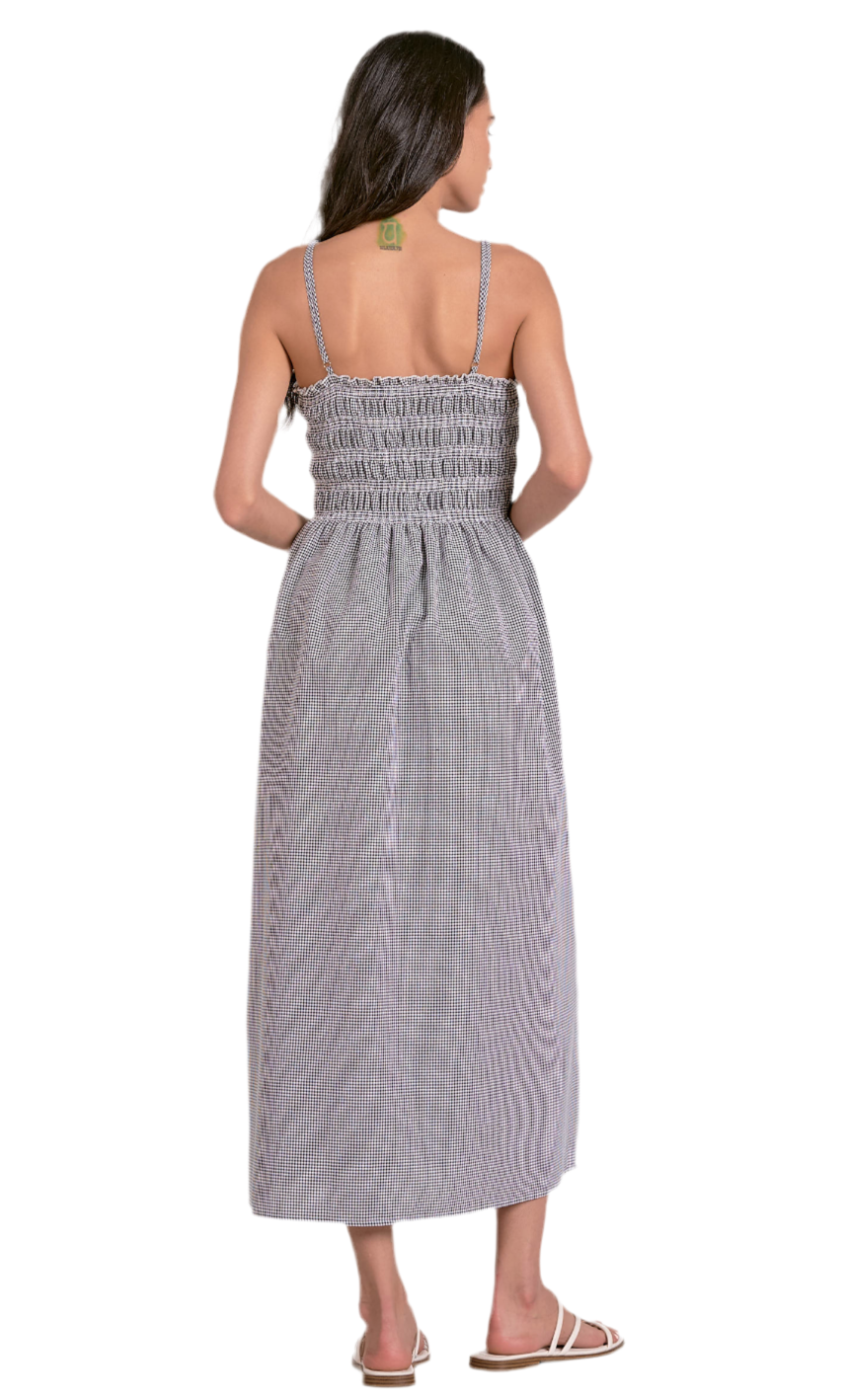 Seersucker Smocked Midi Dress-Black