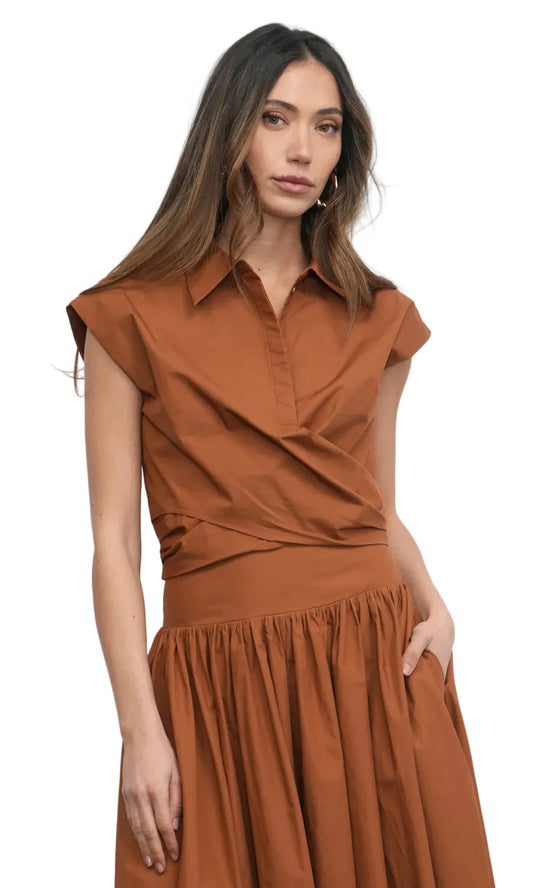 Eloise Wrap Front Poplin Top- Camel