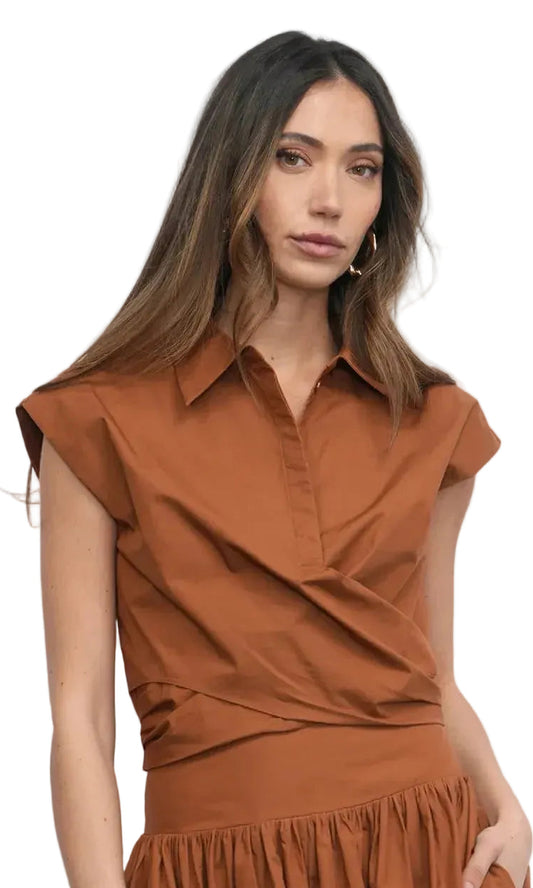 Eloise Wrap Front Poplin Top- Camel