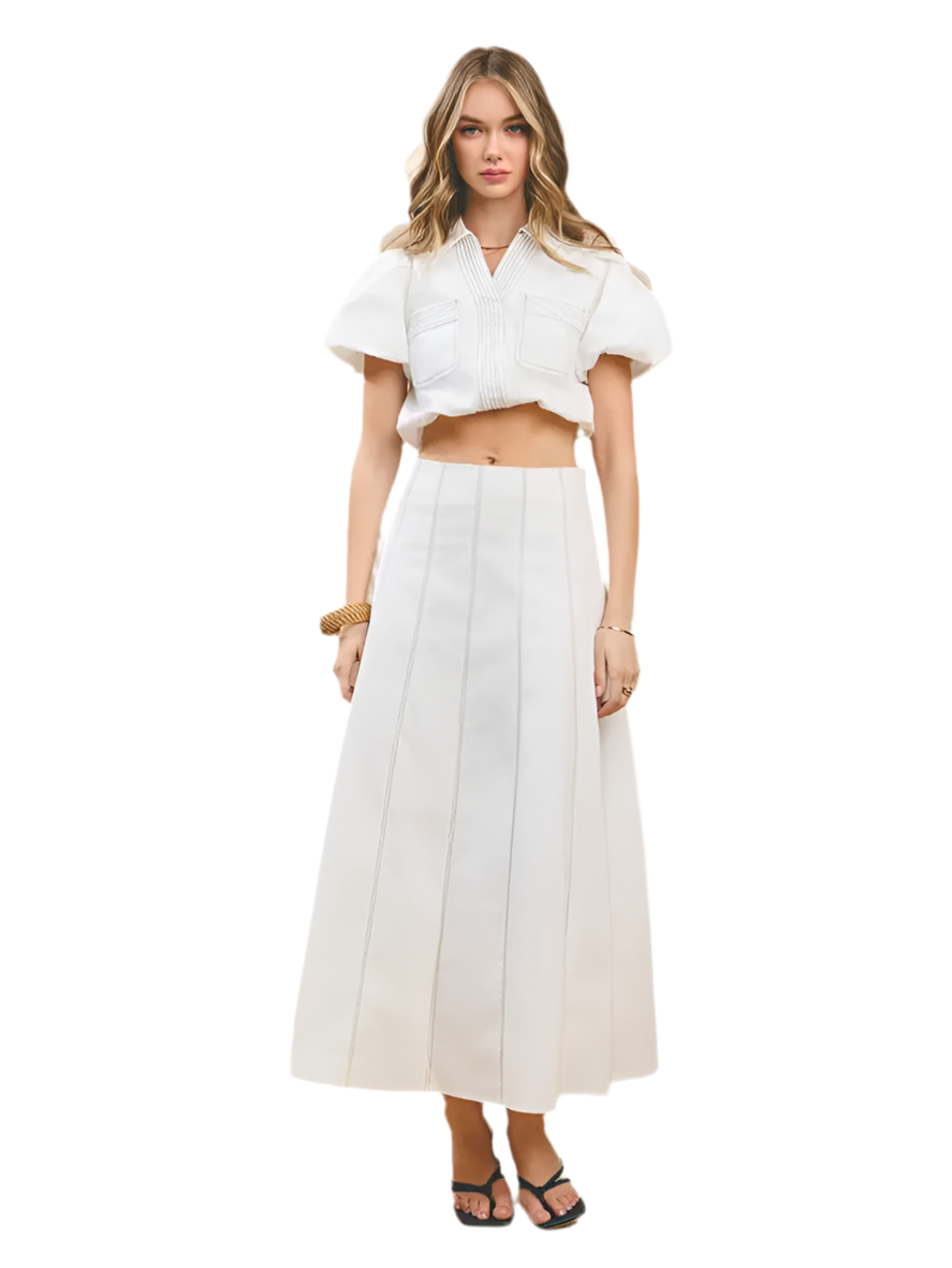 Cropped Poplin Shirt with Bubble Sleeves-White