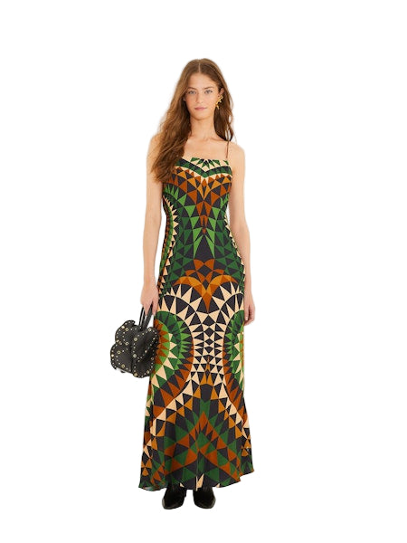 FARM Rio Heart Deco Green Slip Maxi Dress front view