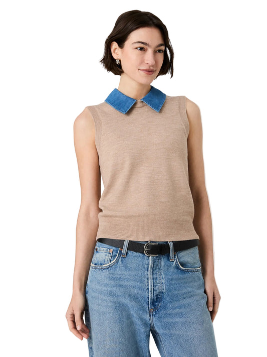 Collared Knit Vest- Taupe/Sky