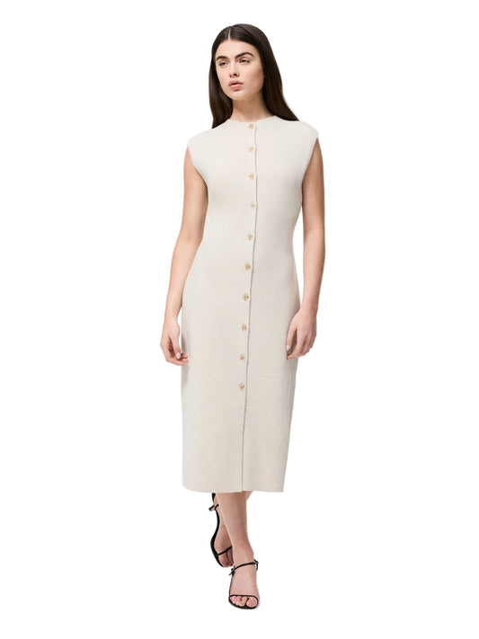 Front view of Marley button-down midi dress – oatmeal-colored knit dress with front buttons and midi length.