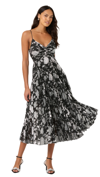 Front view – ASTR the Label Saoirse metallic pleated midi dress in black silver