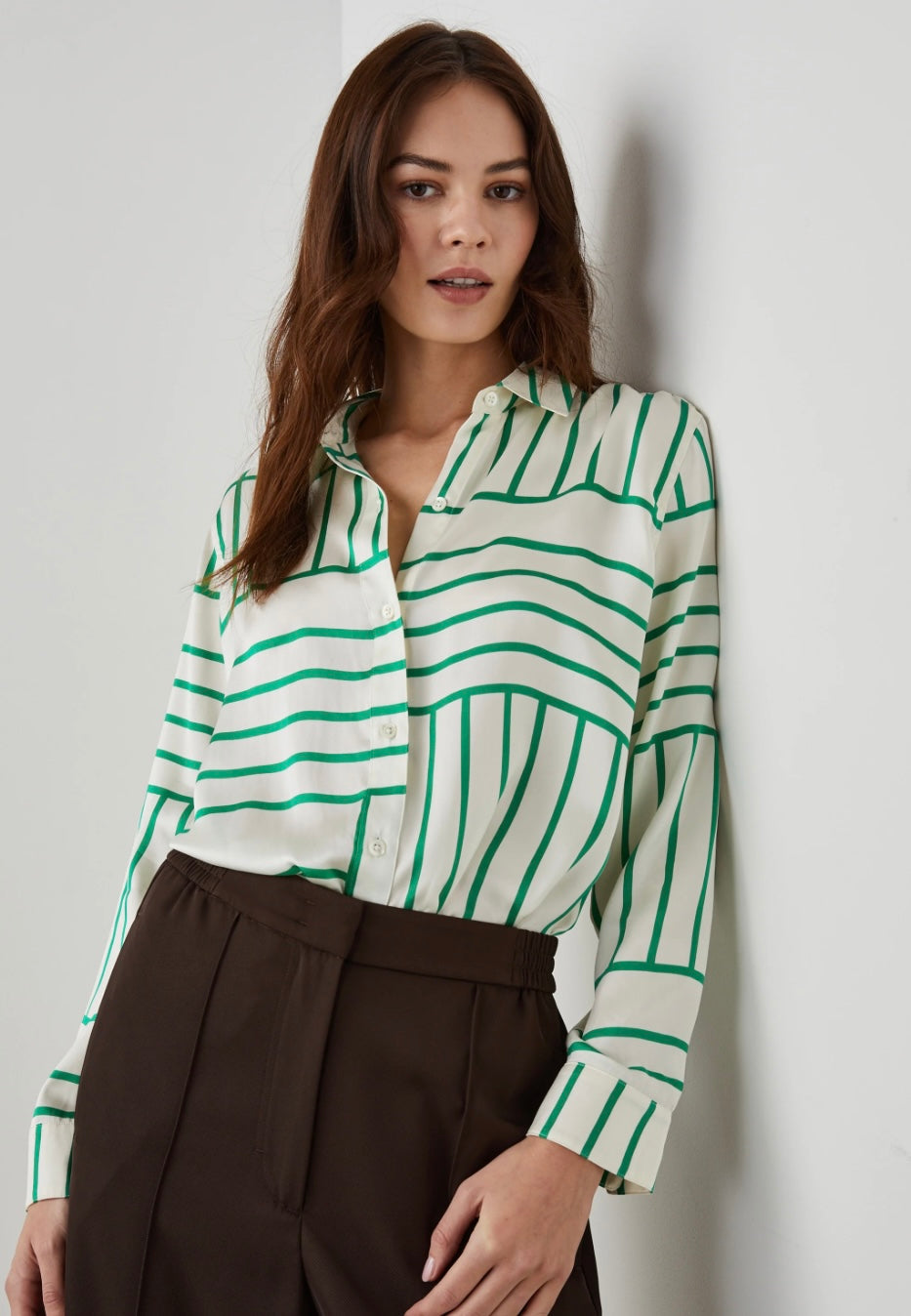 Mara Button Down Shirt- Green Line Art