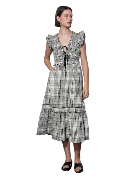 Lacey Smocked Tie Front Plaid Midi