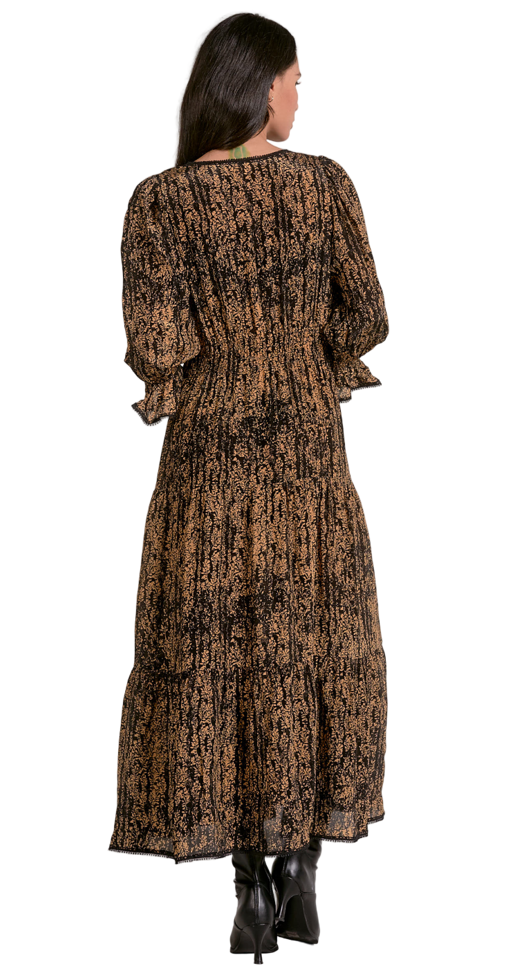 Front view of Gold Wisteria Maxi Dress – flowing maxi dress with elastic waist and 3/4 flutter sleeves in gold.