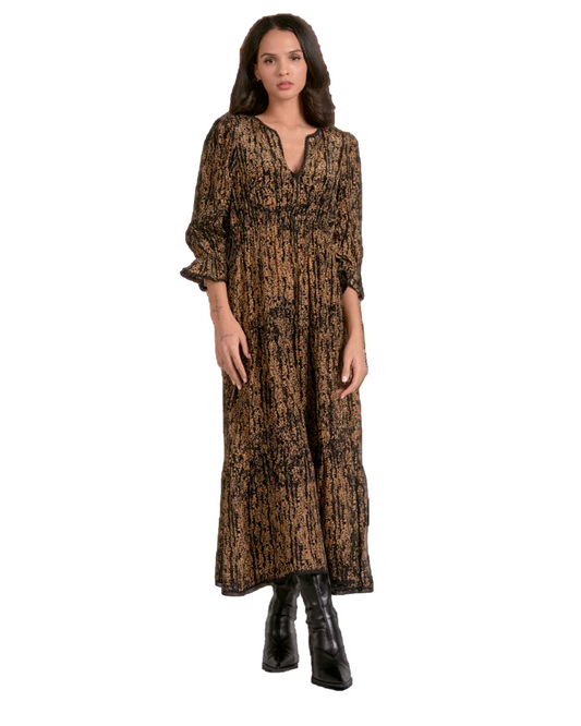 Front view of Gold Wisteria Maxi Dress – flowing maxi dress with elastic waist and 3/4 flutter sleeves in gold.