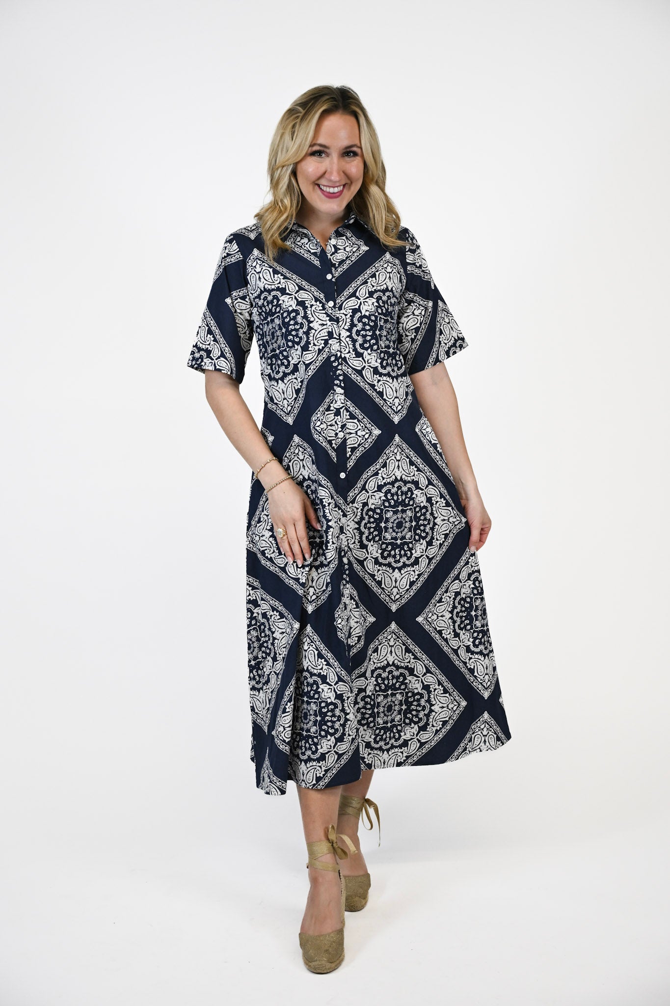 Iris Button Down Midi Dress- Midnight Mosaic