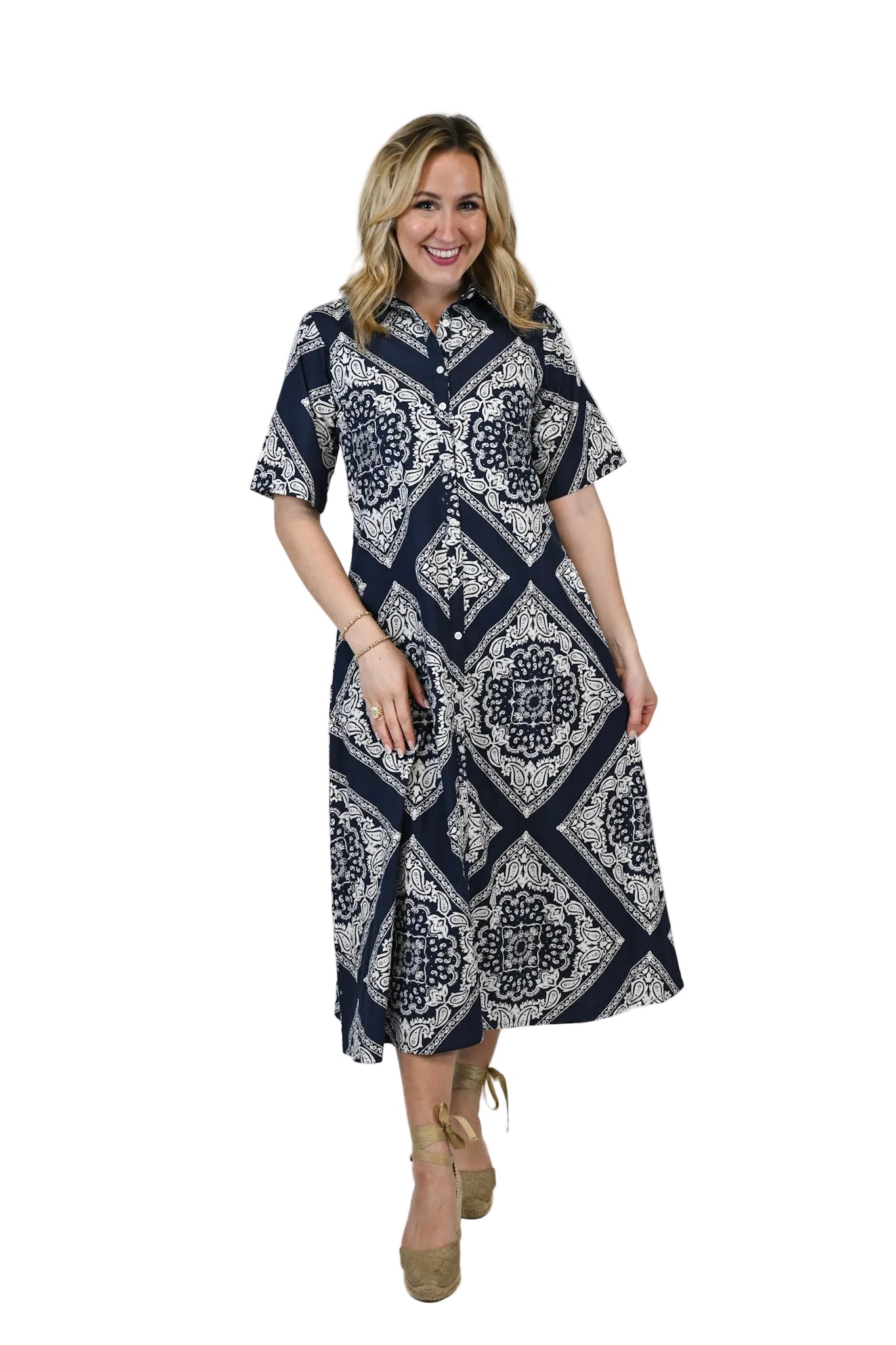 Iris Button Down Midi Dress- Midnight Mosaic