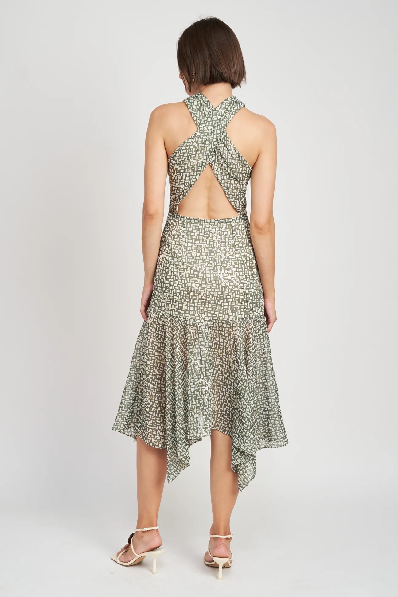 Draped Hem Criss Cross Halter Dress