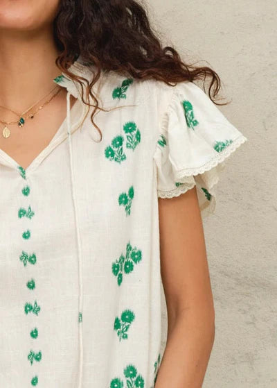 Iris Woven Top- White/ Green