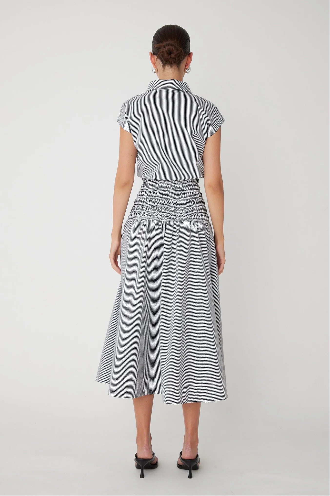 Kya Smocked Waist Midi Dress- Black/White Stripe