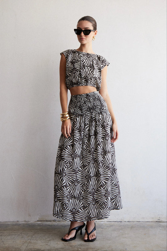 Azelea Linen Top & Skirt Set- Black/White
