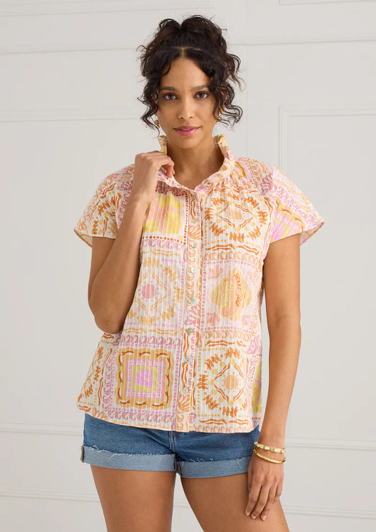 Milly Printed Ruffle Neck Top- Shell