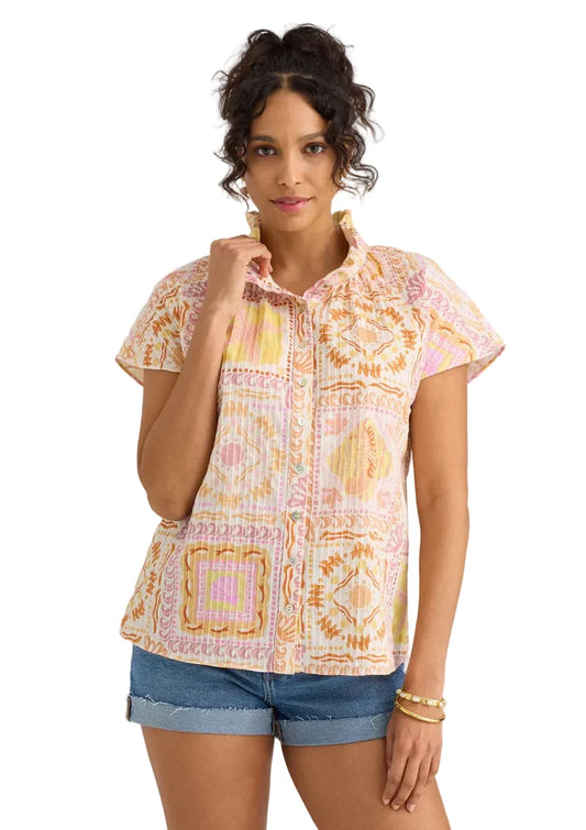Milly Printed Ruffle Neck Top- Shell