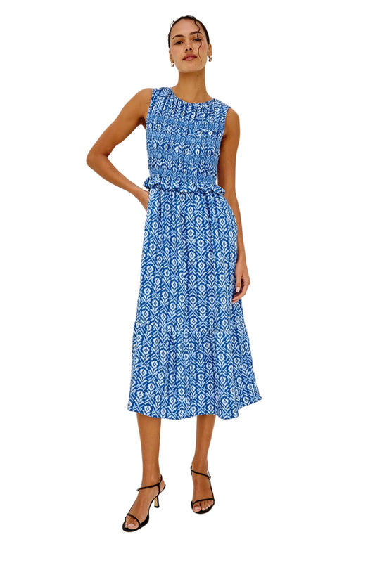 Rialto Smocked Midi Dress- Blue Ikat
