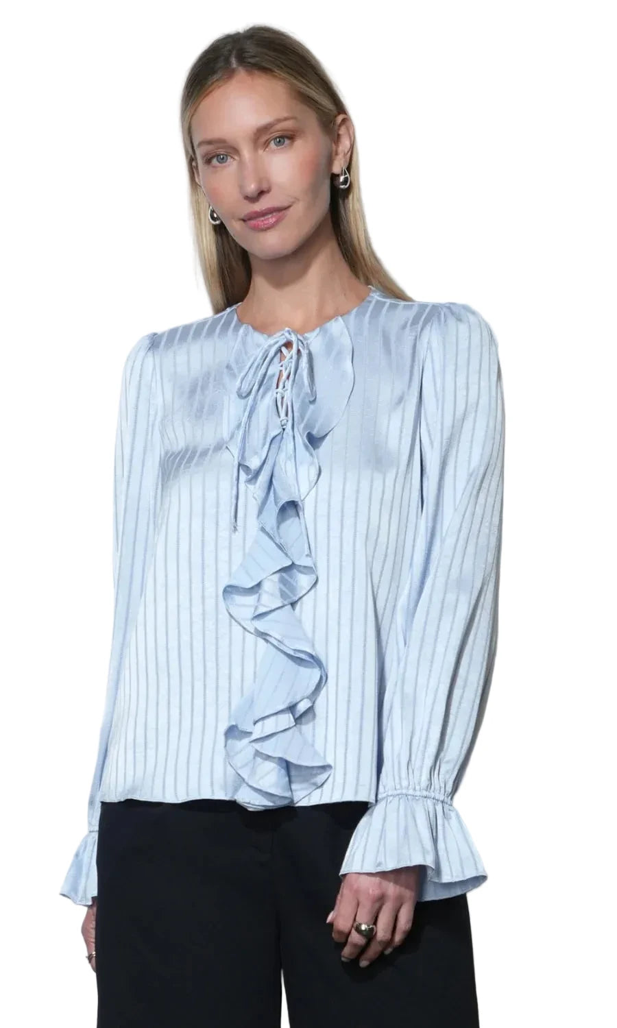Remi Lace Up Ruffle Blouse- Powder Blue