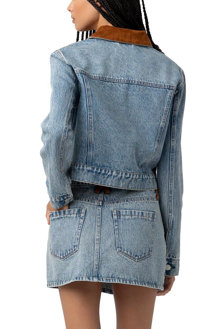Back view of Rodeo cropped denim jacket in light vintage
