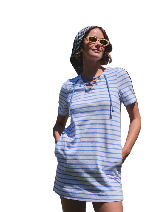 Bateau Stripe Lace Mini Dress- Robins Egg