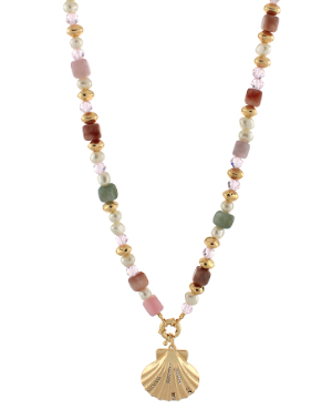 Multi colored Bead Necklace with Shell Pendant