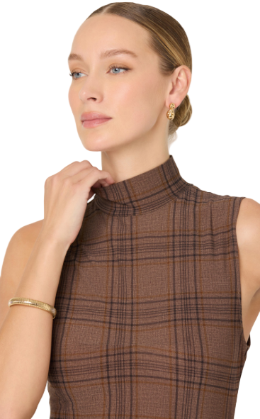Leigha Dress side profile on model – tailored plaid midi dress