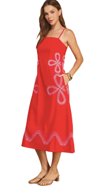 Embroidered Midi Dress- Red/Pink