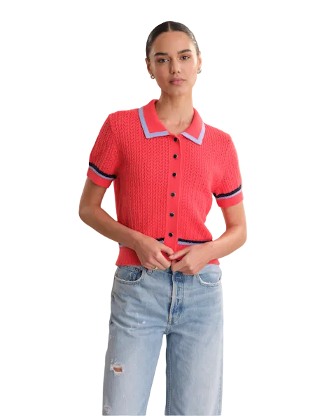 Amy Pointelle Stitch Polo Cardigan- Hibiscus