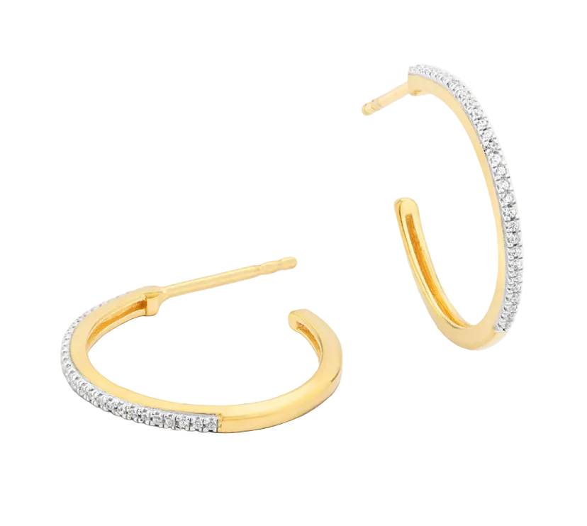 Gold hoop earrings with diamond accents on a white background