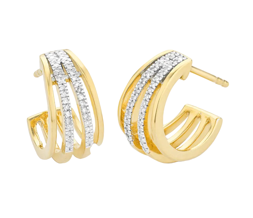 Gold hoop earrings with diamond accents on a white background