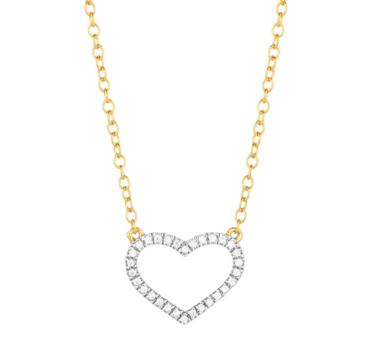 Heart-shaped diamond necklace on a gold chain against a white background